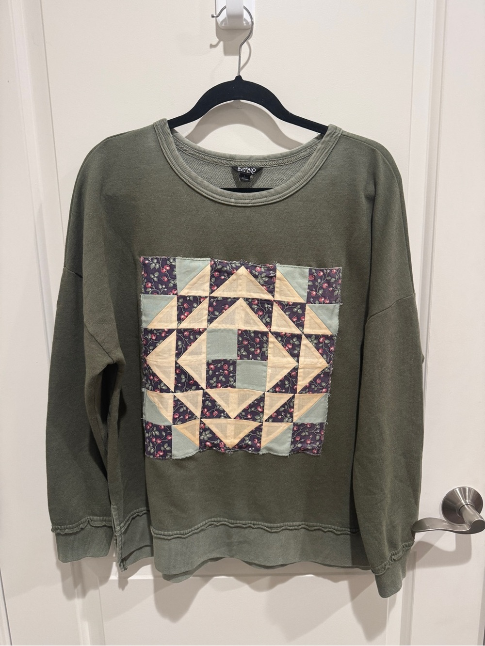 Upcycled Quilt Block Sweatshirt Olive Green